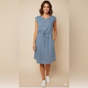 Eddie Bauer Light Blue Sleeveless Button-Front Drawstring Midi Dress